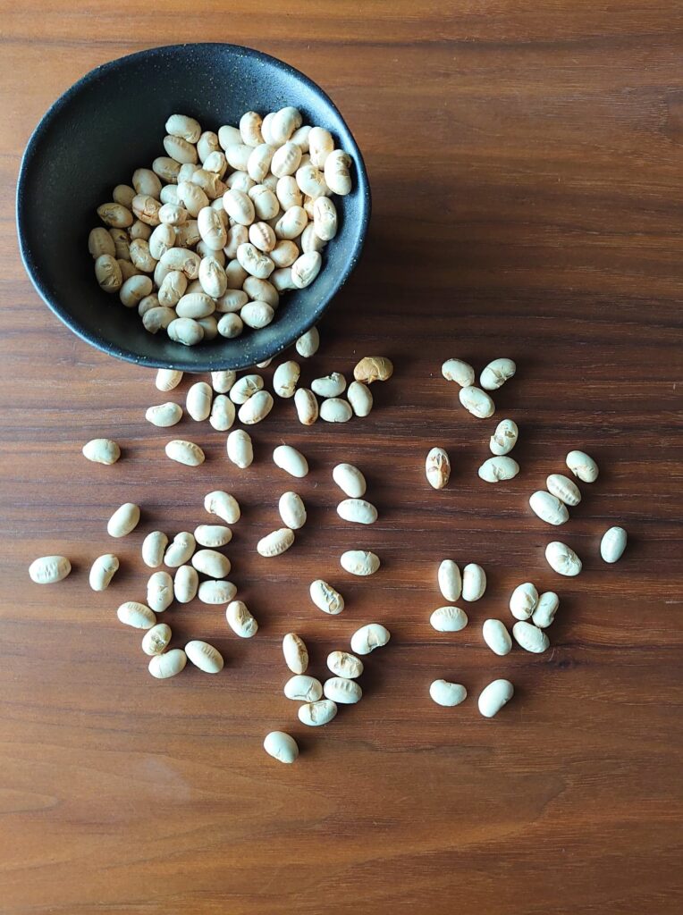 Roasted lucky soybeans, waiting to be scattered around on setsubun. 